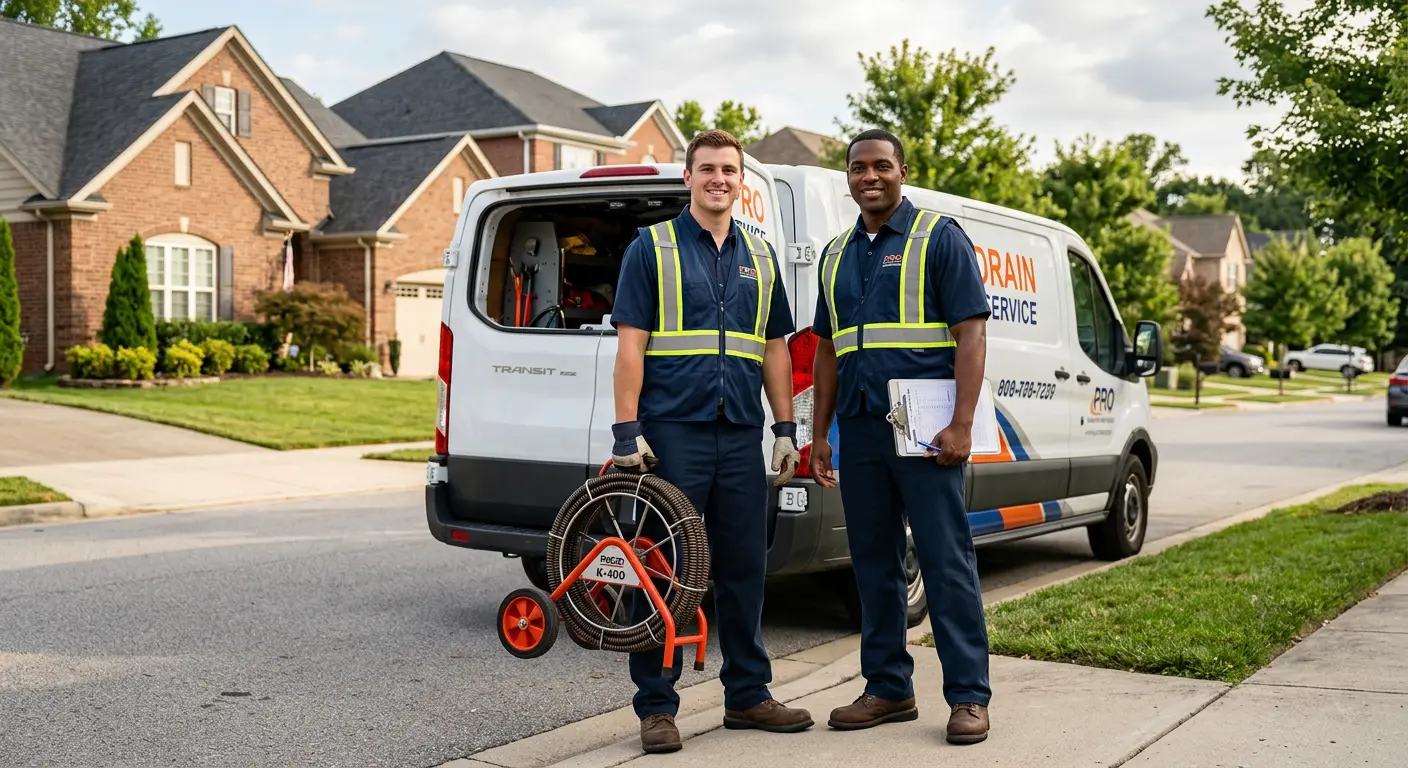Sewer and drain service team with equipment ready for work in Parkway