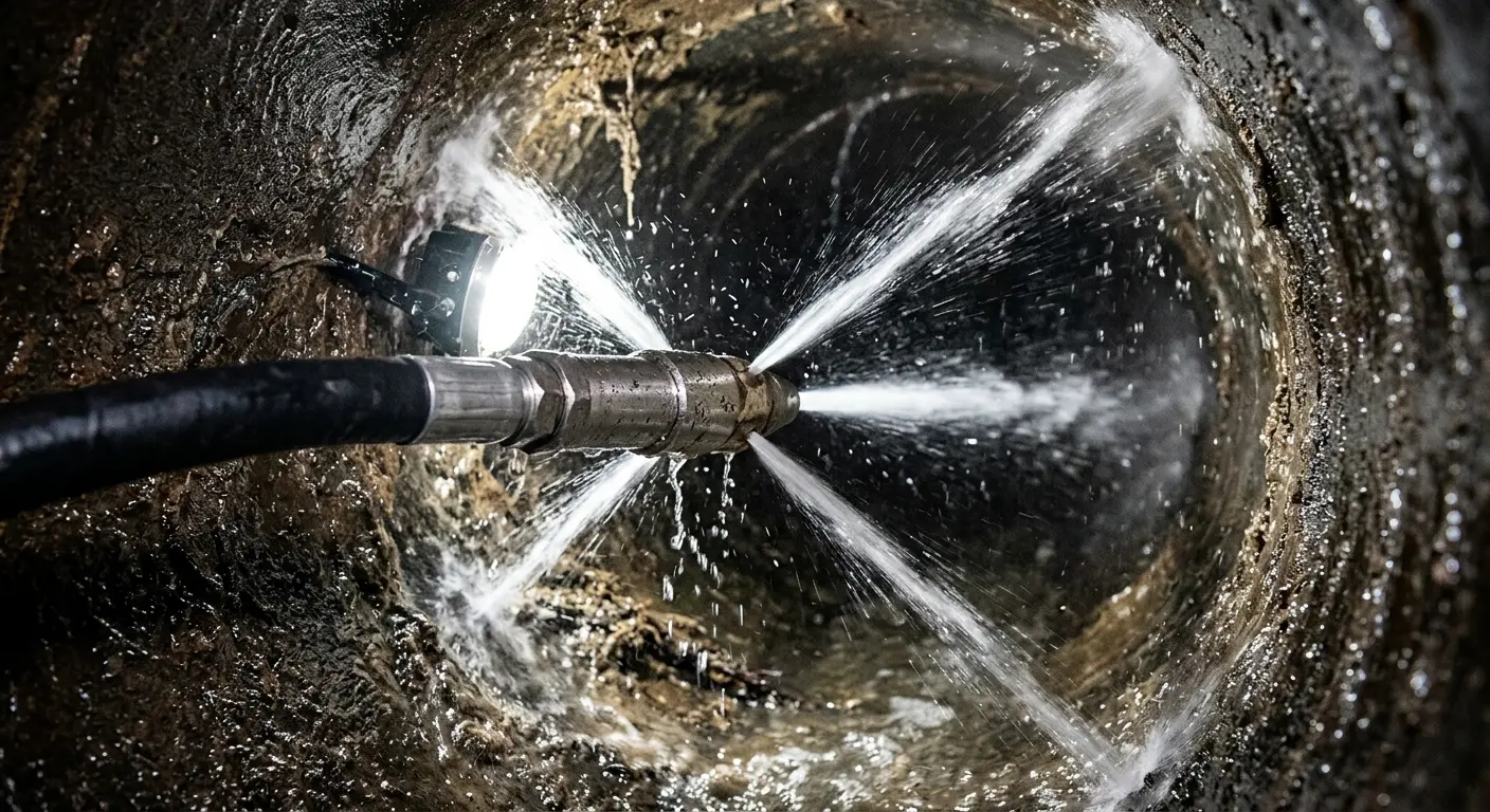 High-pressure hydro jetting nozzle cleaning sewer pipe for Emergency Drain Service in Parkway