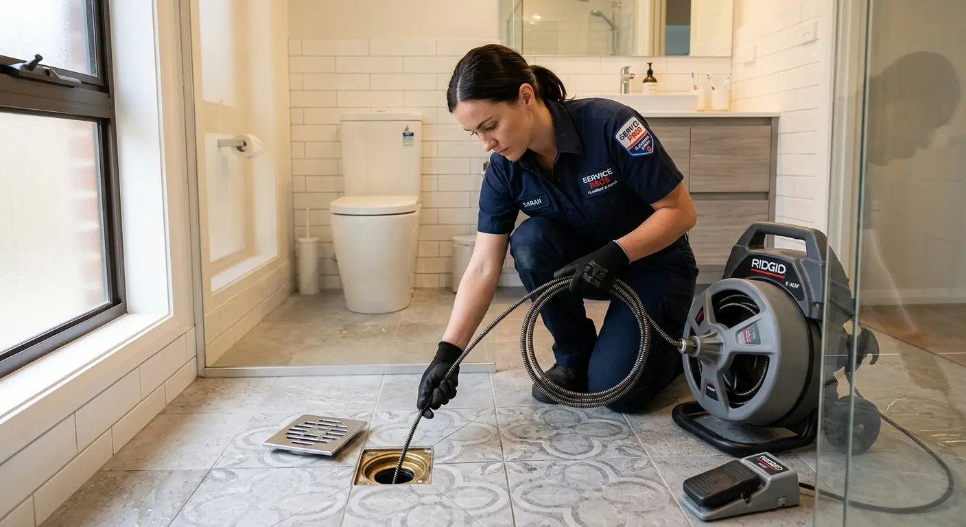 Technician clearing a bathroom floor drain for Sewer Line Replacement in Parkway